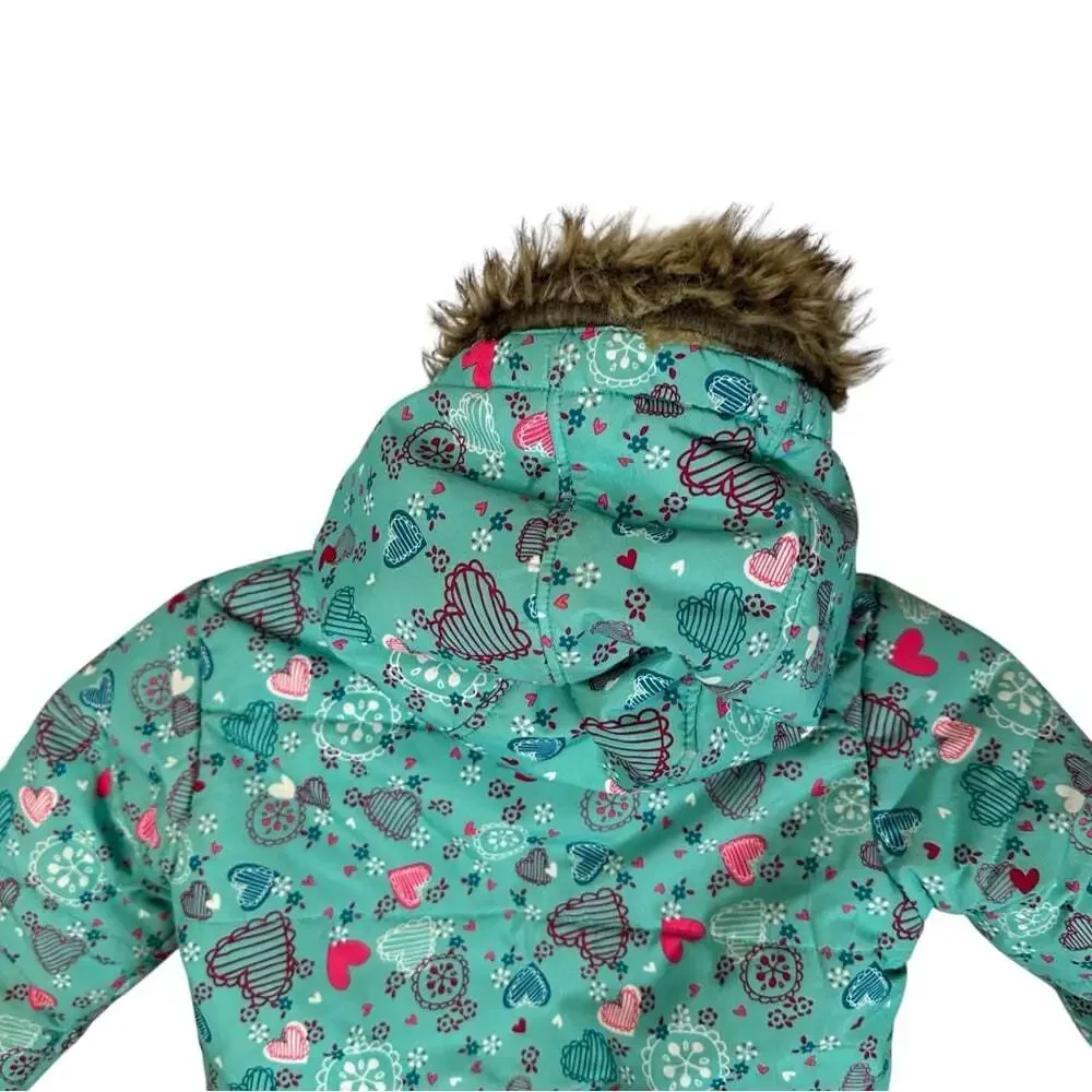 Gusti Kids Teal Puffer Jacket Pink Hearts Size 5 Winter Warm Coat